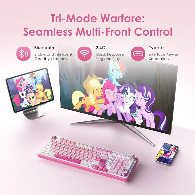 My Little Pony Wireless Mechanical Keyboard - 101 Keys RGB Gaming Keyboard with Custom Linear Switches Hot-Swap &amp Knob Control Triple Connection (BT5.0/USB-C/2.4GHz) Ergonomic for Work &amp Ga