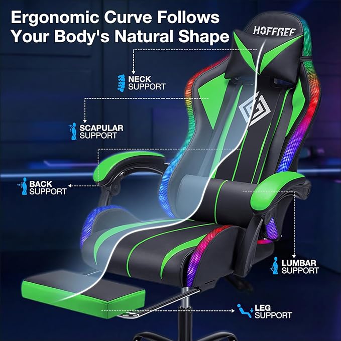 HOFFREE RGB Gaming Chair with Speakers Massage Computer Gaming Chair with LED Lights and Footrest High Back Video Game Chair for Adults Green and Black