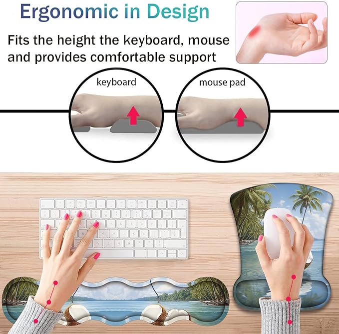 Ergonomic Keyboard Wrist Support Pad and Wrist Support Mouse Pad Anti-Slip with Gel Memory Mouse Pad Set Suitable for Office Use/Home Use - Coconut Beach