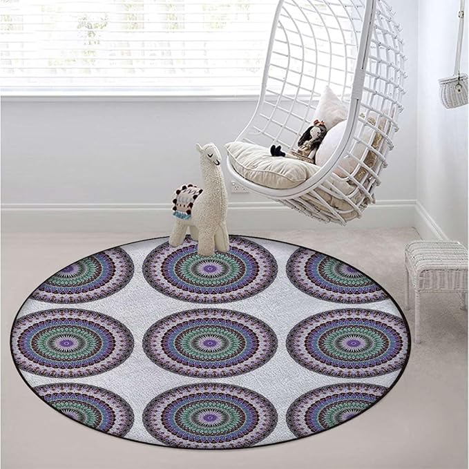 Multi Round Floor Mat Non Slip Absorbent Carpet Yoga Rug for Entryway Bedroom Living Room Sofa Home Decor Oriental Motif with Mix of Hippie Retro Circle Diameter 35.4 in Mandala_00901