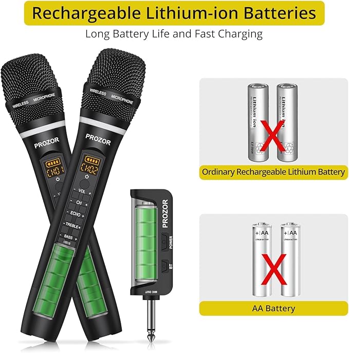 PROZOR UHF Wireless Microphone with Volume Treble Bass Echo Control Wireless Rechargeable Mic Dual Handheld Dynamic Mic System with Rechargeable Receiver for Karaoke Machines DJ Church Weddings