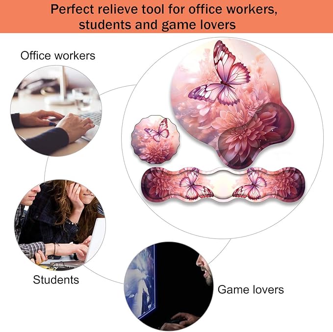 Ergonomic Keyboard Wrist Support Pad and Wrist Support Mouse Pad Anti-Slip with Gel Memory Mouse Pad Set Suitable for Office Use/Home Use - Pink Butterfly Flower