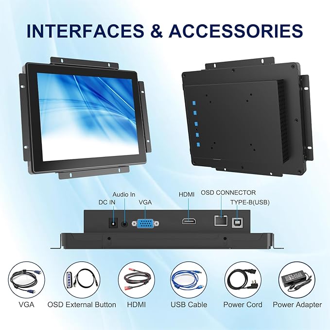 9.7 Inch Industrial Touch Display 1024x768 Open Frame Touch Screen Monitor with HD-MI &amp VGA Inputs Metal Back Housing LED Backlight Display VESA Mount &amp Open-Frame Bracket Installation