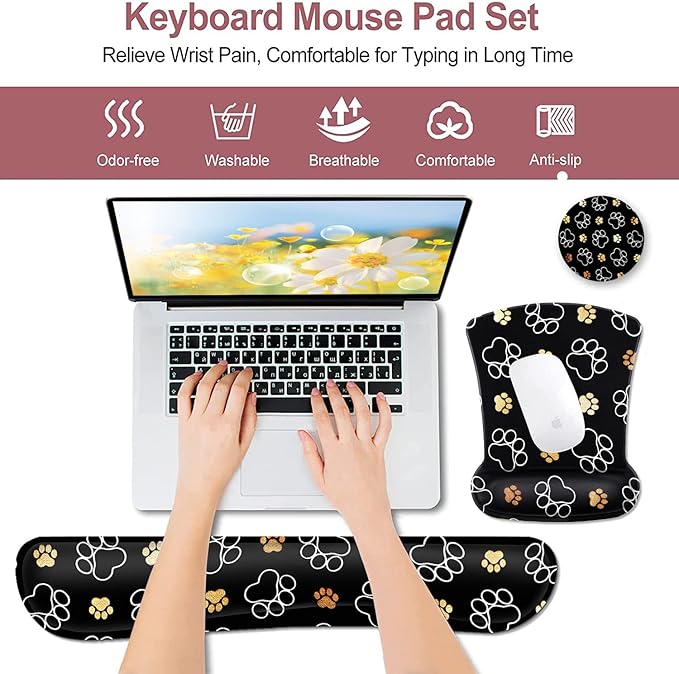 Ergonomic Mouse Pad with Wrist Support Gel Mouse Pad Non-Slip Laptop Computer Keyboard Mousepad for Office &amp Home Cute Cat Paws Design Memory Foam Keyboard Wrist Rest Dog Paw Prints Gold White