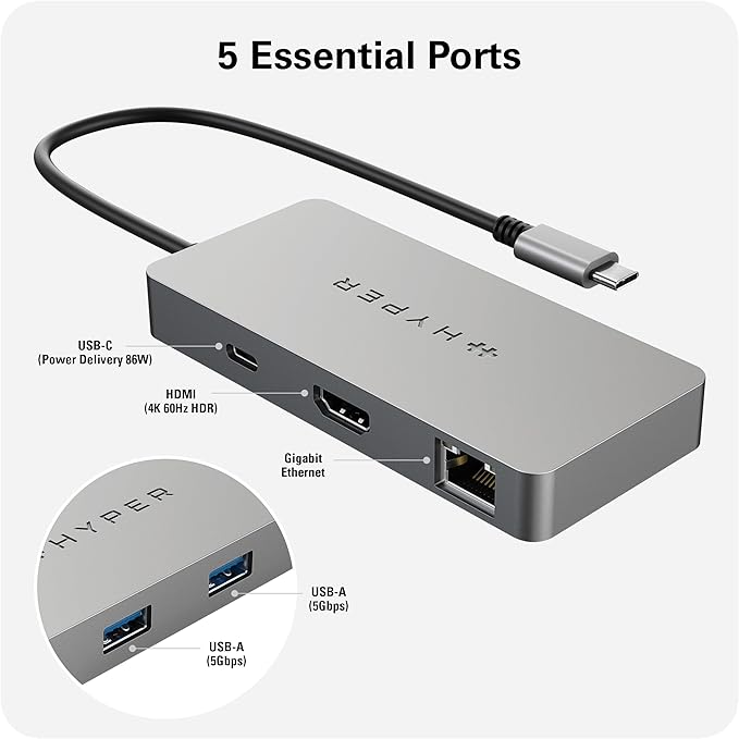 HyperDrive 5 Port USB C Hub - 86W Power Delivery 4K HDMI Ethernet 5Gbps USB-A USB Hub for Laptop Chromebooks and USB-C Compatible Devices