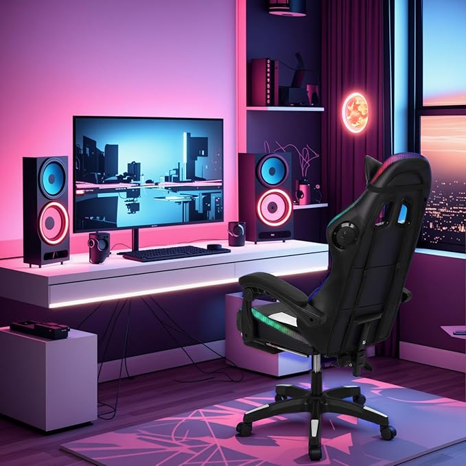 Talent Star RGB Gaming Chair with LED LightsAdjustable Ergonomic Massage Computer Gaming Chair with Speakers &amp Footrest High Back Video Game Chair with Lumbar Support for Adults White