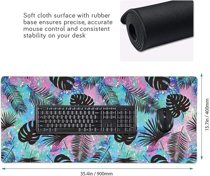 Colorful Palm Leaves Large Mouse Pad Gaming Mousepad with Wrist Support Rubber Computer Keyboard Mat for Desk Laptop Non-Slip Full Deskmat Protector Waterproof Writing Pad Office Home 16x35.5 in