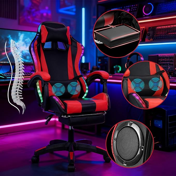 Gaming Chair Video Game Chair with LED Light Ergonomic Massage Computer Chairs Height Adjustable with 360° Swivel Seat and Headrest(US Fast Arrival) Black &amp Red