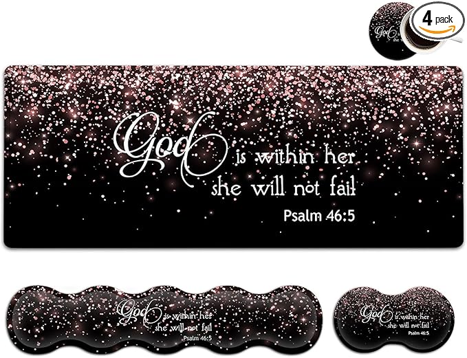 Large Mouse Pad with Wrist Support SetMemory Foam Keyboard Wrist Rest+Extended Gaming Mouse Pad+Ergonomic Mouse Wrist Rest Laptop Desk Writing Mat Psalm 46:5 Rose Gold Glitter Black Office Desk Pad
