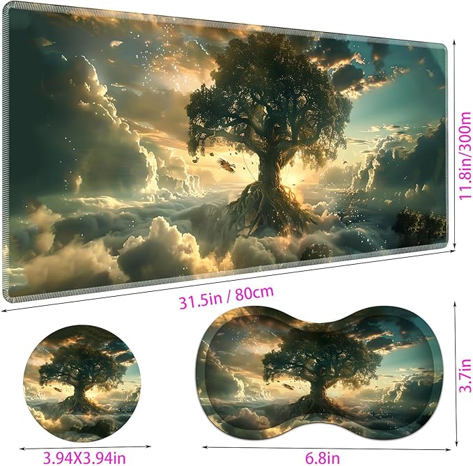 Large Gaming Mouse Pad + Mouse Wrist Rest Pad + Coaster Combination 31.5 x 11.8 Durable Non-Slip Extension Table Mat Suitable for Office and Home Cloud Tree