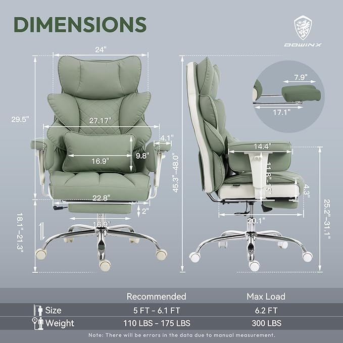 Dowinx Big and Tall Office Chair with Pocket Springs CushionHigh Back Computer Gaming Chairs with Adjustable ArmrestsExecutive Desk Chairs with Lumbar Support and FootrestPU Leather-Green