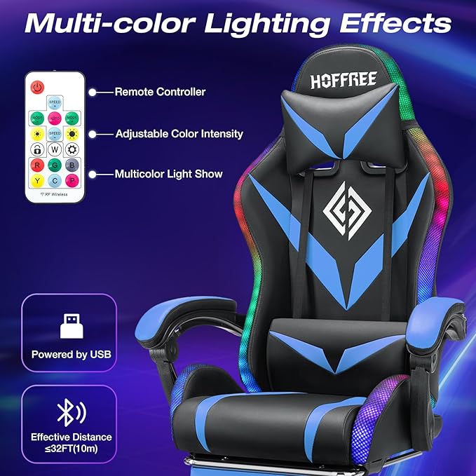 HOFFREE Gaming Chair with LED RGB Lights Massage Video Gamer Chairs with Footrest Ergonomic High Back Reclining Computer Chair with Adjustable Lumbar Support Blue and Black