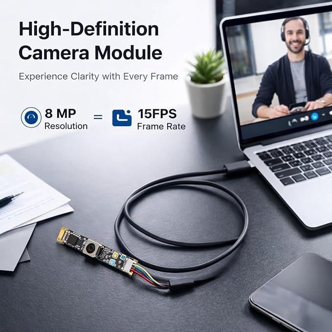 8MP Camera Module USB Computer Board with Autofocus and Fixed Focus Digital Microphone 75° Field of View - High Resolution 3264x2448 USB 2.0 Output Compatible with Multiple