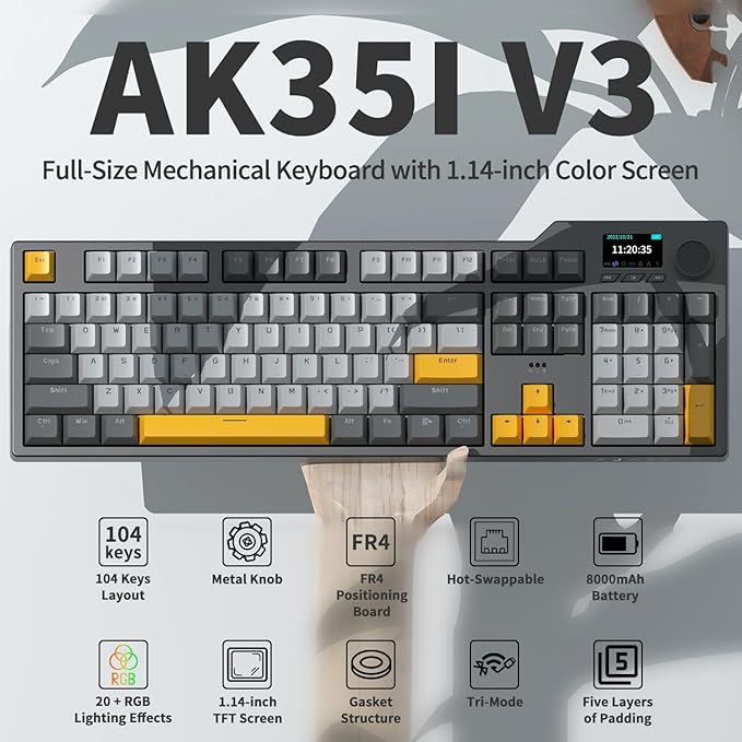 DAIDAI×AJAZZ AK35I V3 Full Size Hot Swap Mechanical Gaming Keyboard with Screen &amp Knob 2.4G/BT/USB-C Gasket Keyboard FR4 Plate 8000mAh Battery South Facing LED RGB(Avocado Axis)