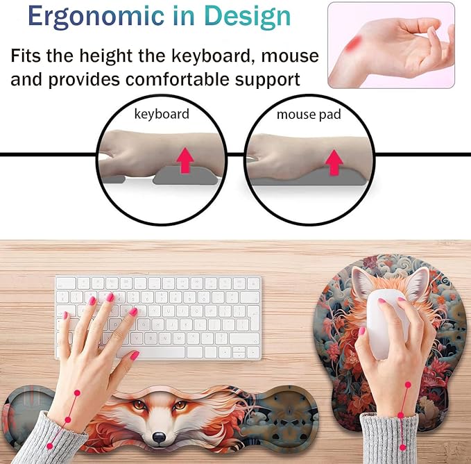 Ergonomic Keyboard Wrist Support Pad and Wrist Support Mouse Pad Anti-Slip with Gel Memory Mouse Pad Set Suitable for Office Use/Home Use - Fox
