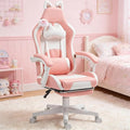 Gaming Chair with Footrest Cute Cat Gamer Chair with Reclining Massage Lumbar Support and Headrest for Cute Home Office Setup Pink