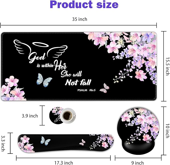 ARTSO Large Mouse Pad Ergonomic Keyboard Wrist Rest Support Combo Psalm 46:5 God is Within Her She Will not Fall -Bible Verse Flower Butterfly Extended Desk Mat Blotter