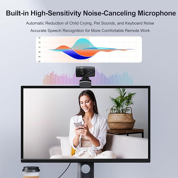 2K Full HD Webcam with Noise-Canceling Microphone Auto Light Correction &amp 110° Wide AnglePlug &amp Play USB Camera for PC/Laptop/Mac/Zoom/Skype/Teams/Online Meetings
