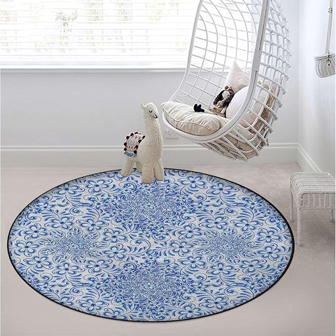 Blue Washable Round Area Rug -Non-Slip Distressed Circle Rug Non-Shedding Entryway Carpet for Bedroom Laundry Kitchen Decor Porcelain Style Traditional Pattern Colors Diameter 51 in