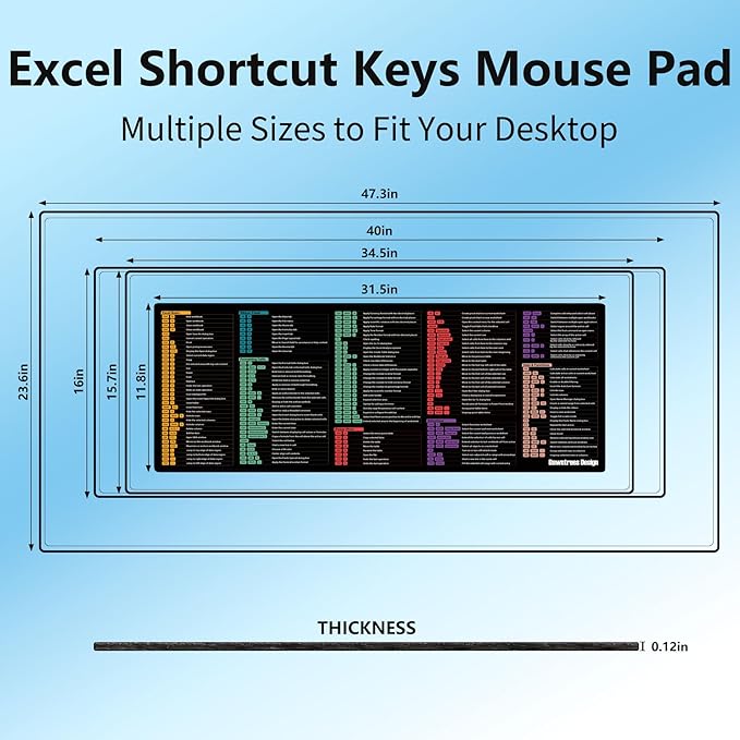 DAWNTREES XXL Large Excel Cheat Sheet Desk Pad 47.3x23.6 Excel Mouse Pad for Windows Non-Slip Desk Mat for Office Home Gaming