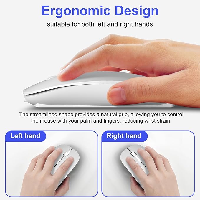 Bluetooth Wireless Mouse for MacBook Air Mac Pro iPad Laptop Computer Pad Optical Rechargeable Slim Silent Dual Mode (2.4G USB-C/USB-A&ampBluetooth 5.2/3.0) Mouse Jiggler for Computer Awakening - Sil