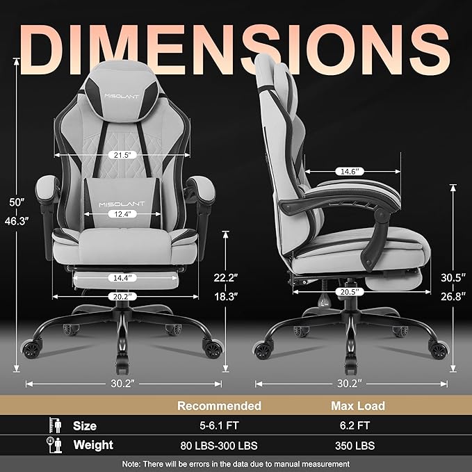 Misolant Gaming Chair Fabric Gamer Chair with footrest for Adults High Back Ergonomic Computer Game Chair with Adjustable Headrest and Massage Lumbar Support 90-155° Recline Free Gray