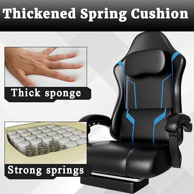 Gaming Chair with Pocket Spring Cushion &amp Footrest - Ergonomic Computer Chair with Adjustable Height Headrest &amp Swivel SeatFaux Leather Blue