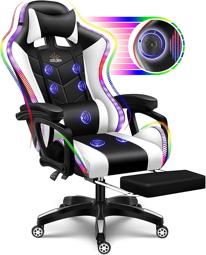 Gaming Chair Gaming Chair with Bluetooth SpeakersLED Gaming ChairErgonomic Pro Gaming Chair with Full Massage Lumbar Support Backrest Adjustable/Gaming Chairs for Adults Racing Gaming Ch