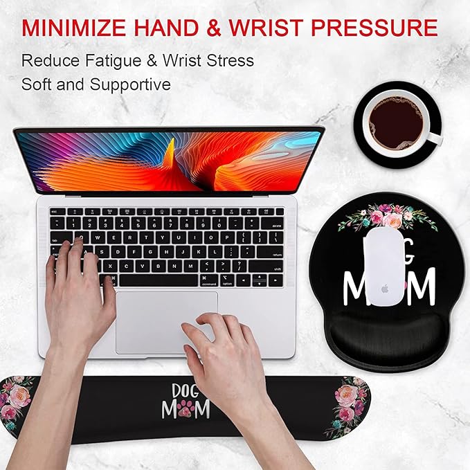 Ergonomic Mouse Pad Wrist Support Gel and Keyboard Wrist Rest Set for Laptop Mac Gaming and Office Durable Comfortable and Pain Relief + Coaster Dog Mom Floral Design