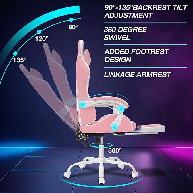 HOFFREE Gaming Chair with LED RGB Lights with Massage and Footrest Ergonomic Computer Chair High Back Video Game Chair with Adjustable Lumbar Support Linkage Armrest Pink and White