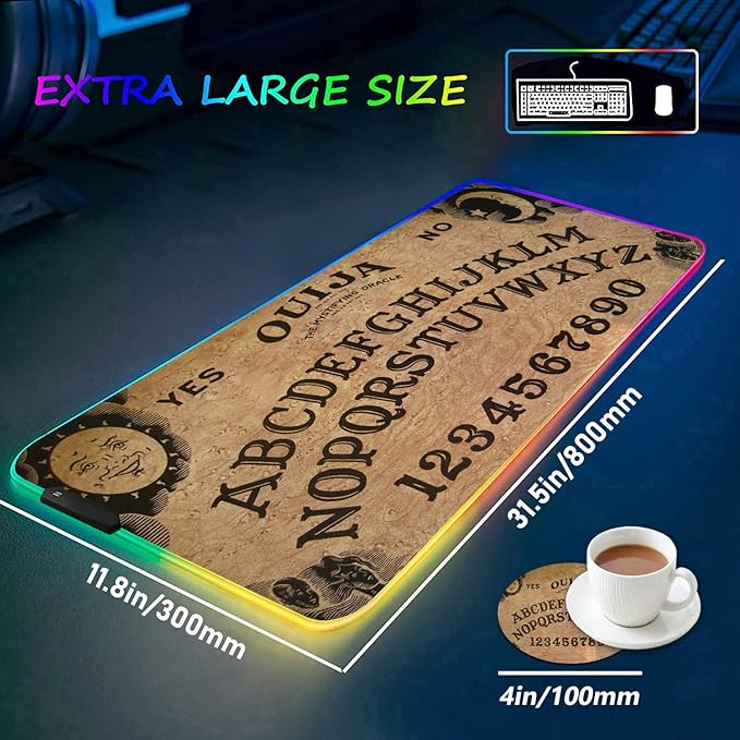 RGB Gaming Mouse Pad with Coffee Coaster XXL Large Glowing LED Mousepad Anti-Slip Rubber Base Computer Keyboard Desk Mouse Mat 31.5 X 11.8 Inch - Retro Ouija Board