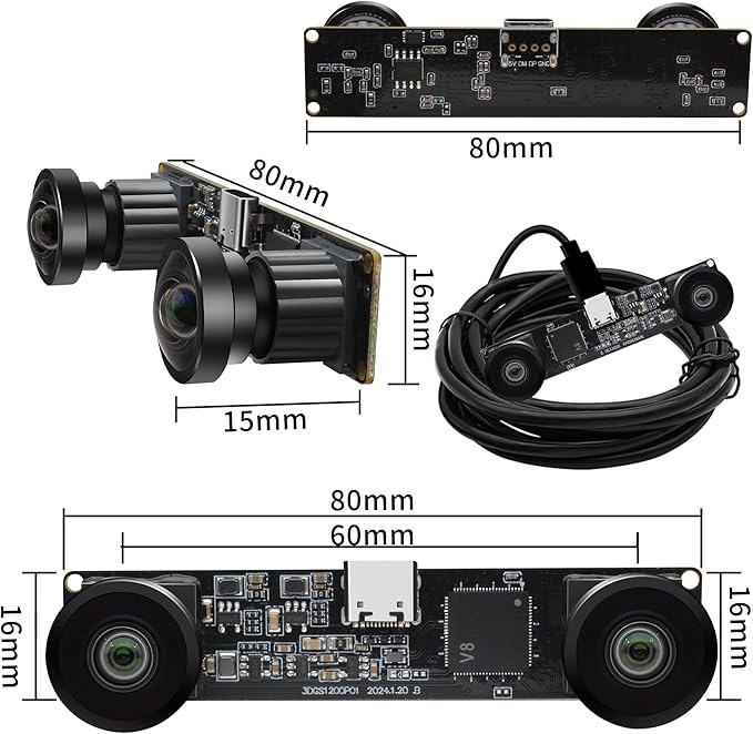MMlove USB Stereo Camera Module 1200P 60FPS Global Shutter USB Webcam with Synchronous Dual Lens600P 120FPS High Speed 3D Webcam 112° Wide Angle Lightburn Camera for VRPC/Laptop/Raspberry Pi