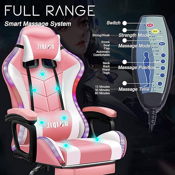 Gaming Chair with LED Light/Pro Gaming Chair with Bluetooth Speakers Full Massager Lumbar Support and Bluetooth Speaker Video Gaming Chairs LED Lights Load-Bearing 150KGPink