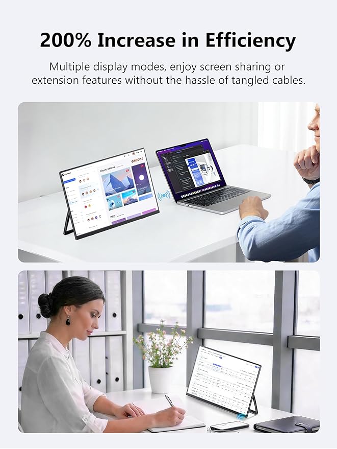 Wireless Portable Monitor with Battery Wireless Monitor for Laptop-15.6 1080P FHD Travel Monitor for Laptop Support AirPlay Miracast for Windows/Mac/Android/iOS