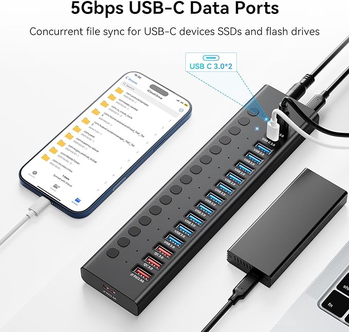 Powered USB Hub AGEEN 16-Port USB 3.0 Hub (10 USB-A 3.0+2 QC 24W Fast Charging+2 Smart Charging+2 USB-C 3.0 Ports) 12V/8A 96W UL Certified Power Adapter for PC Laptop HDD Flash Drive (16-Port)