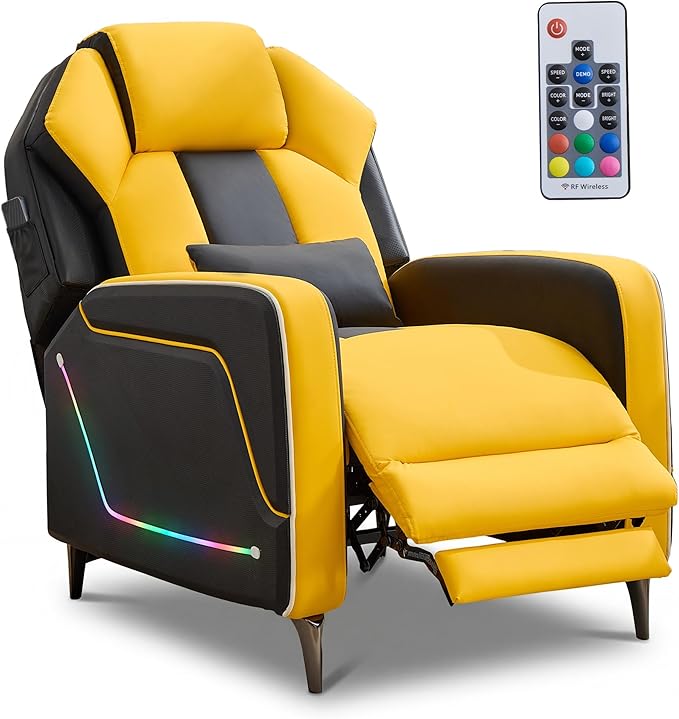 Gaming Recliner Chair with LED Lights Racing Style Big and Tall PU Leather Gaming Chair for Adults Lumbar Support Modern Ergonomic Comfortable Home Theater Seating for Living Room (Yellow)