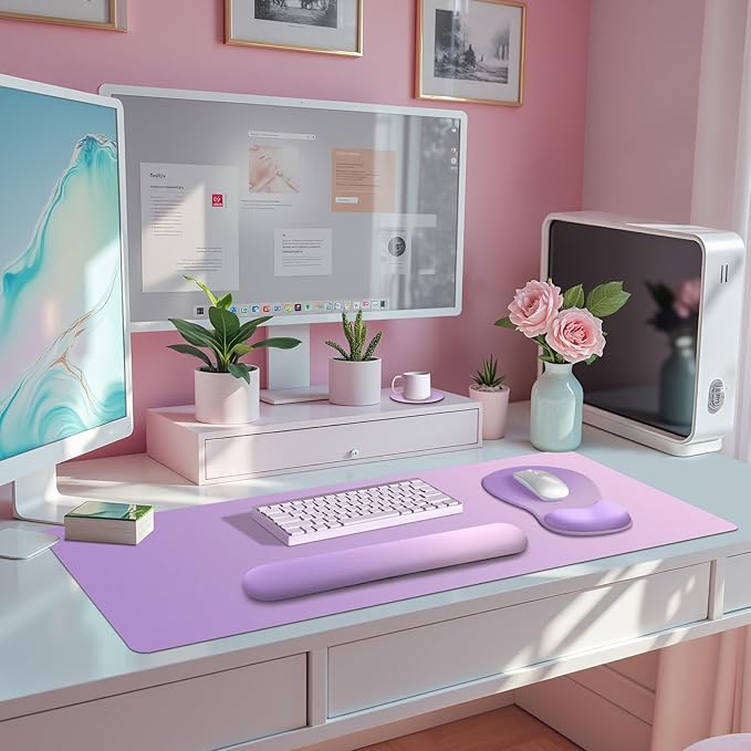 4-in-1 Large Gaming Mouse Pad Keyboard Wrist Rest Pad &amp Wrist Support Mousepad Set Extended Desk Pad Waterproof Desk Mat for Home Office Decor Study Game 35.4×15.7 Inches I Purple Pink Lavender