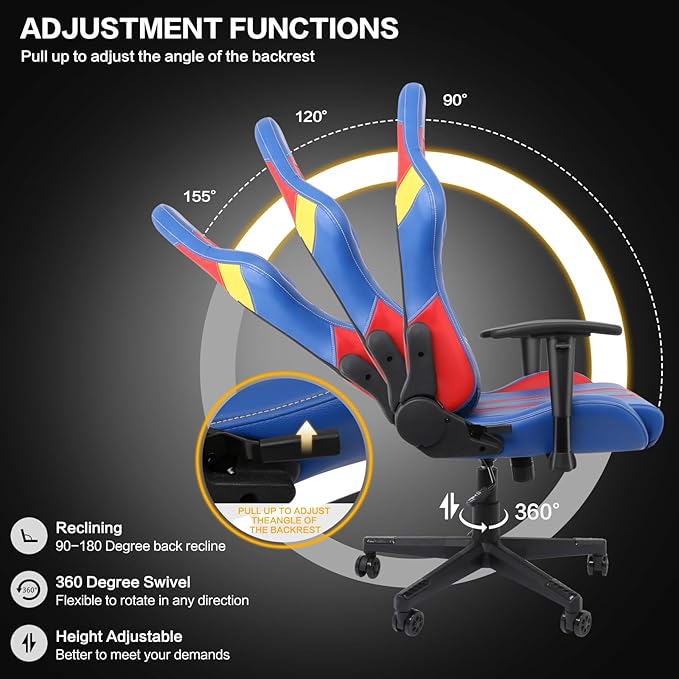 Modern-Depo Video Gaming Chair High Back Ergonomic Computer Chair with Lumbar Support Headrest Height Adjustable Swivel PVC Leather Recliner Blue Red