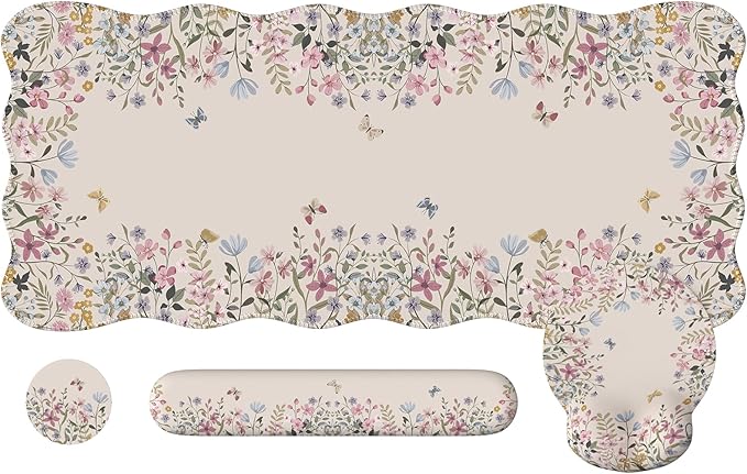 iCasso Desk Mat SetLarge Mouse Pad with Wrist RestErgonomic Keyboard Wrist Support for WomenGirly Floral Computer Mat with Scalloped EdgesNon-Slip Desk Pad Home Office Gaming (Beige)