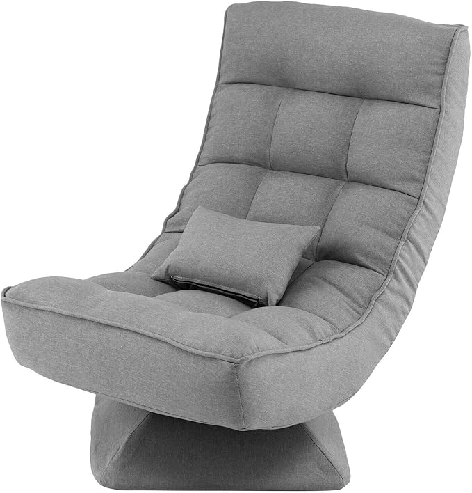 Grey 360° Swivel Floor Chair Video Game Gaming Floor Chair Lounge Chair Lazy Chair with Massage Lumbar Pillow 5 Level Adjustable Backrest Foldable Design Heavy-Duty Steel Frame Soft Padded Seat