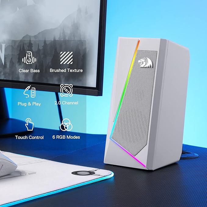 Redragon GS520 RGB Desktop Speakers 2.0 Channel PC Computer Stereo Speaker with 6 Colorful LED Modes Enhanced Sound and Easy-Access Volume Control USB Powered w/ 3.5mm Cable White