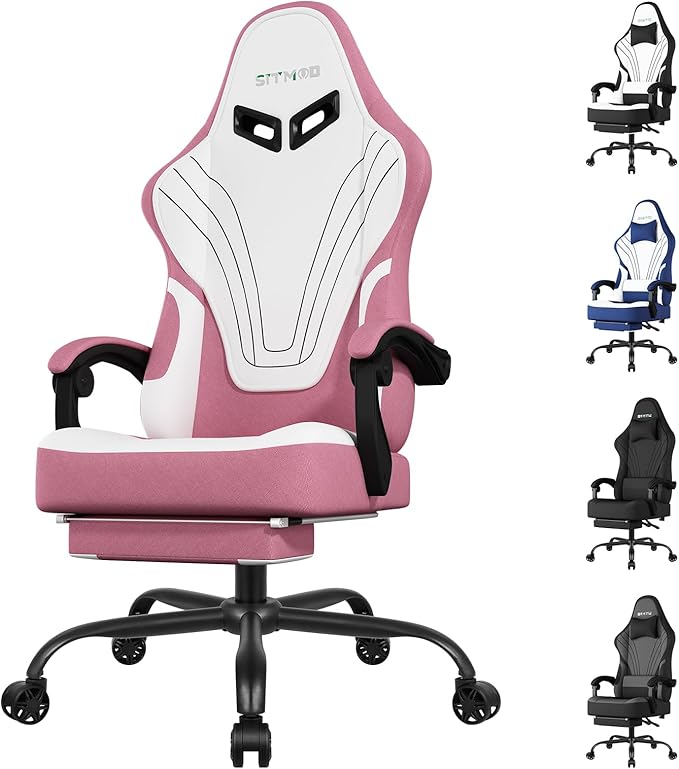 Gaming Chair Fabric Ergonomic Computer Chair with Footrest Video Gamer Chair with Pocket Spring CushionLinkage Armrests and Headrest Lumbar SupportSwivel Height Adjustable Office Chair for Adults