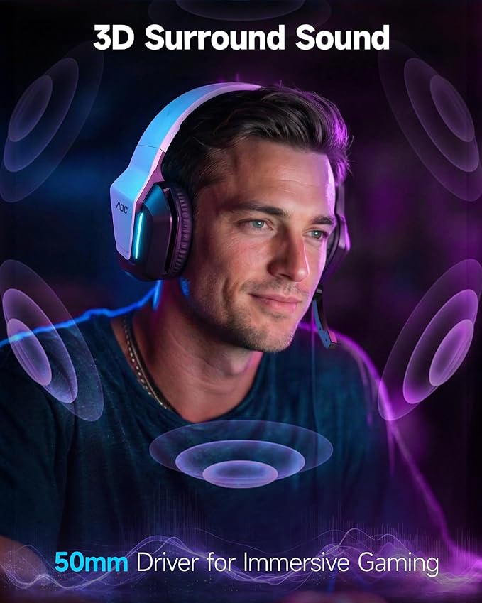 AOC Gaming Headset for PS5 PS4 PC Mac Switch Xbox Series Surround Sound RGB Gaming Headphones with Noise Canceling Microphone 50MM Dynamic Drivers 3.5MM Audio Jack White