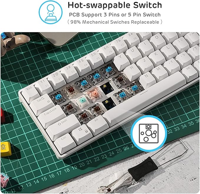 RK ROYAL KLUDGE RK61 Wireless 60% Triple Mode BT5.0/2.4G/USB-C Mechanical Keyboard 61 Keys Wireless Mechanical Keyboard Compact Gaming Keyboard with Software (Hot Swappable Red Switch White)