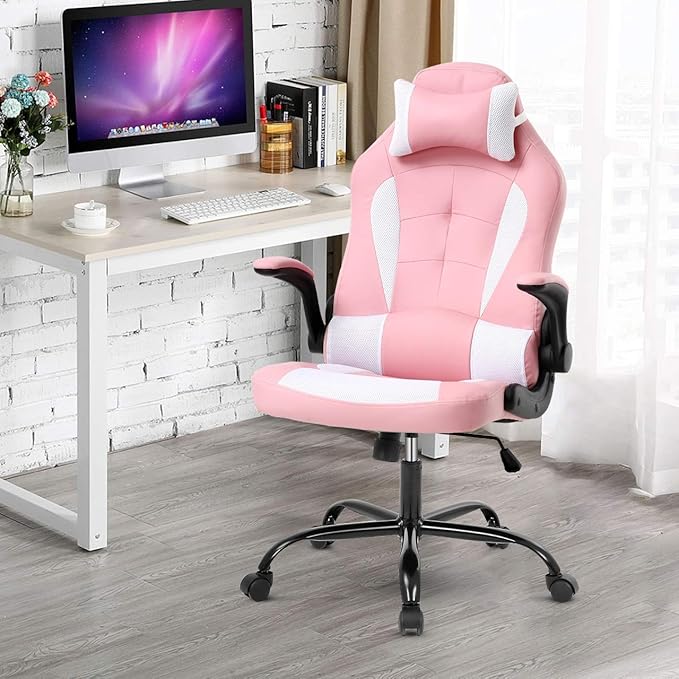 Meet perfect Pink Gaming Chair for Adults Ergonomic Computer Chair w/Flip Up Armrest and Lumbar Support Adjustable Office Gamer Chair with 360° Swivel Seat and Headrest 250lb Capacity