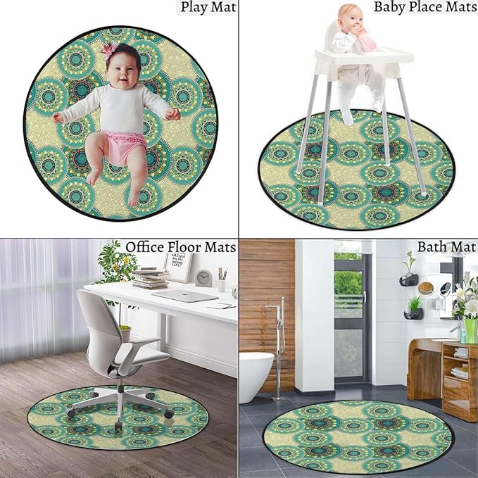 Green Yellow Round Area Rug for Bathroom Kitchen Room Indoor Vintage Throw Rugs Carpets Floor Mats Home Decor Oriental Motif with Mix of Retro Circle Diameter 59 in