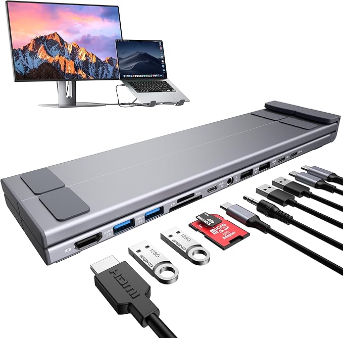 Laptop Docking Station Stand Dock Tablet Stand 11 in 1 USB C Hub with 4K@60Hz HDMI2 USB3.02 USB2.0PD 100WUSB C 3.0+SD/TF+Audio Universal Dock Station for MacBook Pro/Air/Dell/HP/Surface/Lenovo