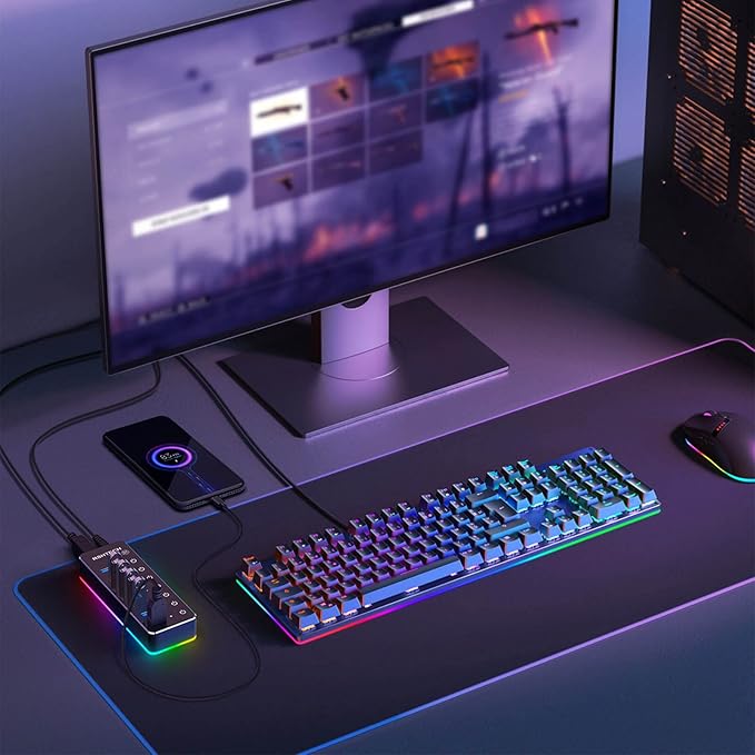 Powered USB Hub RSHTECH RGB 7 Ports USB 3.0/USB C Hub with 14 Mode RGB LED Strip Individual Touch Switches 3.3ft Cable and 5V/4A Power Adapter Aluminum Gaming USB Hub for PC and Laptop RSH-518R