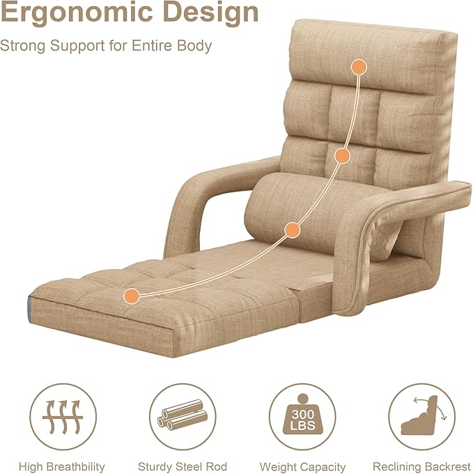 Floor Gaming Chair for Adults 6-Position Adjustable Chaise Lounge Chair with Meditation Arm Foldable Lazy Sofa with Pillow Comfy Chair Indoor for Bedroom Dorm Living Room Beige