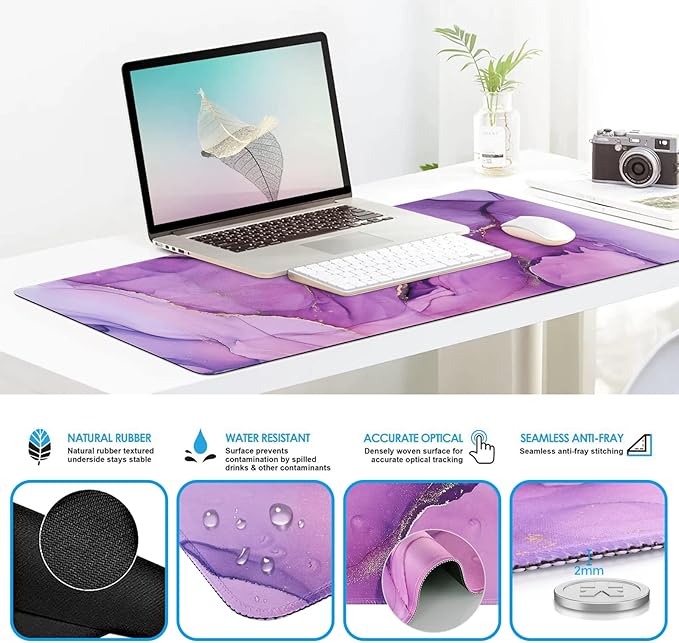 iCasso Purple Ergonomic Large Mouse Pad with Wrist Support 4in1 XXL Desk Mat Set- Keyboard Wrist Rest + Mouse Wrist Rest + Coaster Marble Style Desk Pad Mousepad